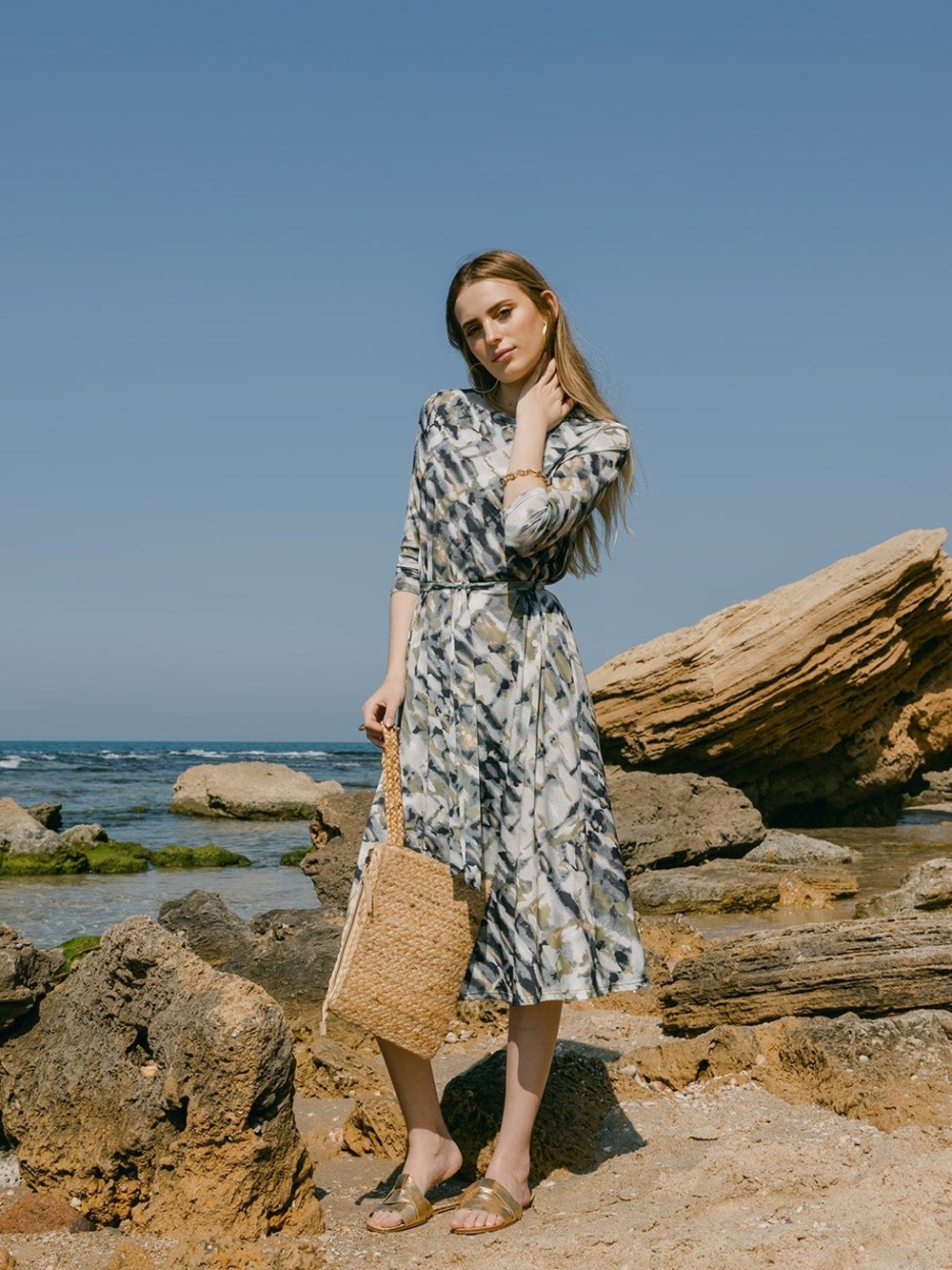 Printed Blue and Gray Midi Dress with Waist Tie